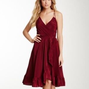 Rieley Wrap Ruffle Silk Dress Burgundy Cocktail